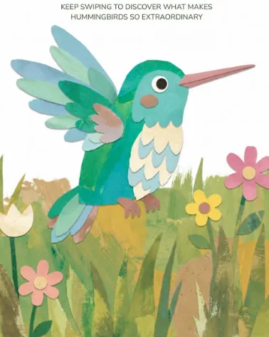 Paper-collage illustration of a hummingbird among wildflowers
